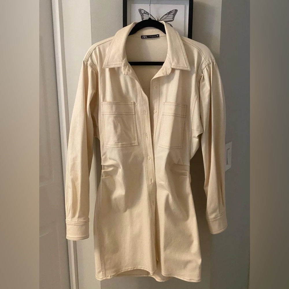 Zara Cream Long Sleeve Notched Collar Shirt Dress